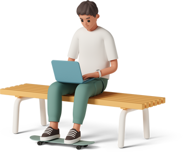 man sitting on a bench with laptop with legs on skateboard PNG, SVG
