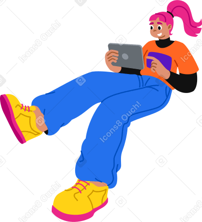 Молодая женщина смотрит на планшет в PNG, SVG