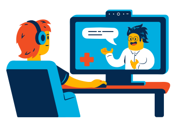 L'uomo comunica con un medico utilizzando un computer online PNG, SVG