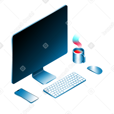 Desktop isometrico con dispositivi e una tazza PNG, SVG