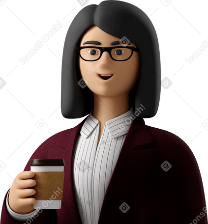 3D close up of businesswoman in red suit with paper coffee cup PNG, SVG