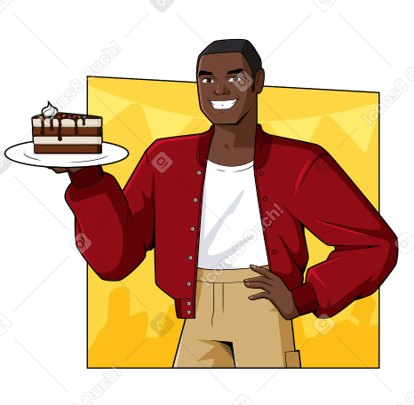 Smiling man says welcome to tea with cake PNG, SVG