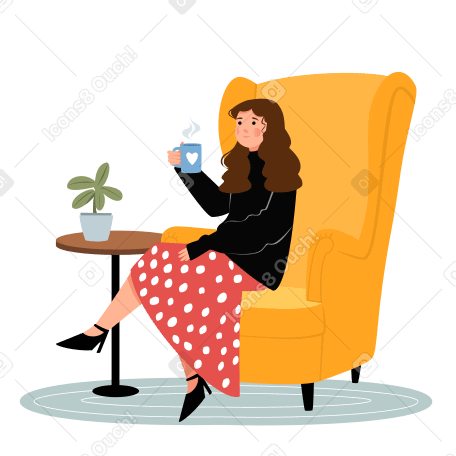 Menina com uma xícara nas mãos se senta em uma poltrona PNG, SVG