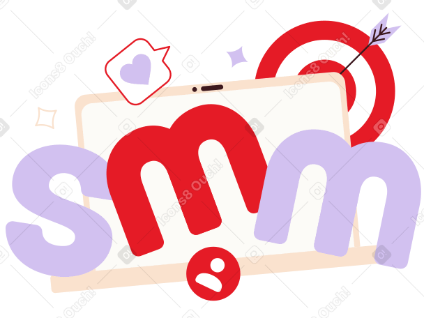 Letras smm com laptop, alvo e texto de sinais de mídia social PNG, SVG