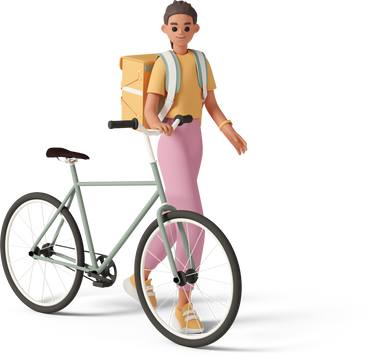 young woman walking with bicycle and thermobag PNG, SVG