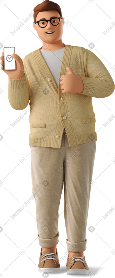 Smiling man with phone showing thumbs up PNG, SVG