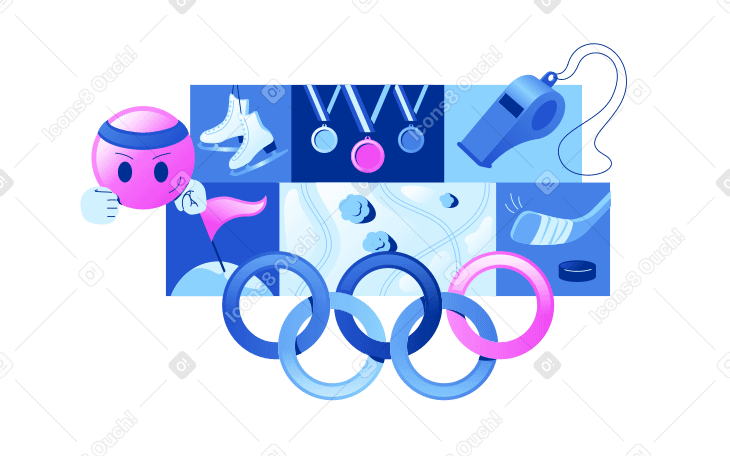 Illustration Jeux olympiques d'hiver. emoji en cours d'exécution avec des médailles, des patins à glace et un sifflet aux formats PNG, SVG