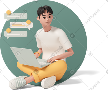 Young man sitting with laptop PNG, SVG