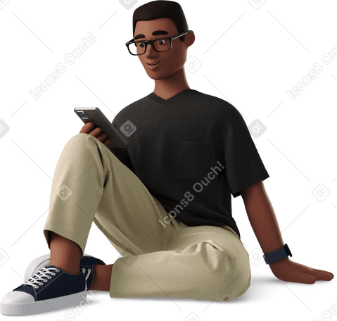 3D young man in casual clothes sitting on the floor with phone Illustration in PNG, SVG