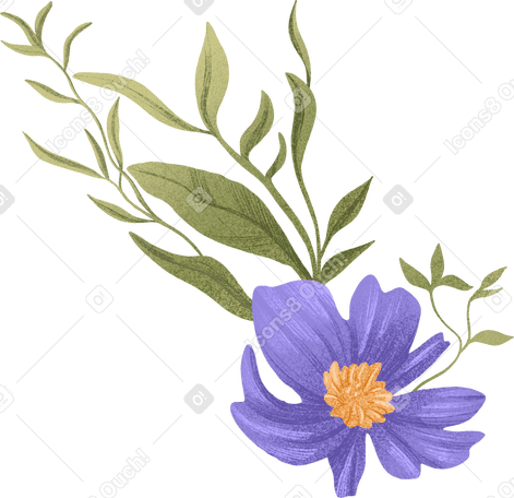 violet flower with a yellow center and small leaves PNG, SVG