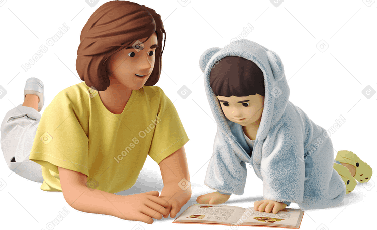 3D woman reading with baby PNG、SVG