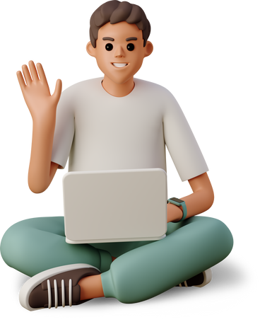 young man sitting with a laptop and waving his hand PNG, SVG