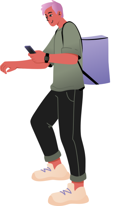 young man with delivery bag and phone PNG, SVG