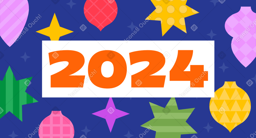 Цифры 2024 на фоне геометрических рождественских орнаментов в PNG, SVG