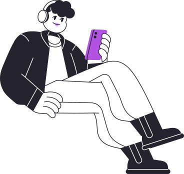 mann mit kopfhörern sitzt und benutzt sein telefon PNG, SVG