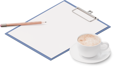 Isometric view of clipboard, pencil and cup of coffee PNG, SVG