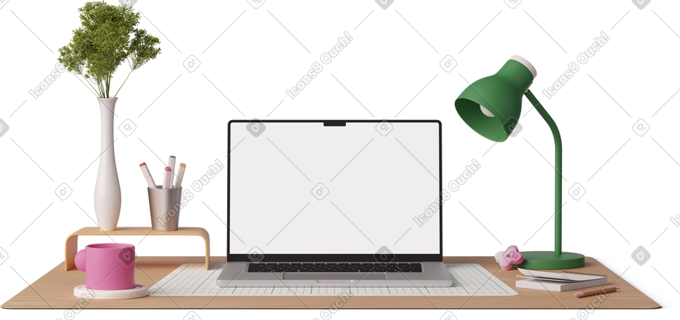 3D front view of laptop mockup on office desk PNG, SVG