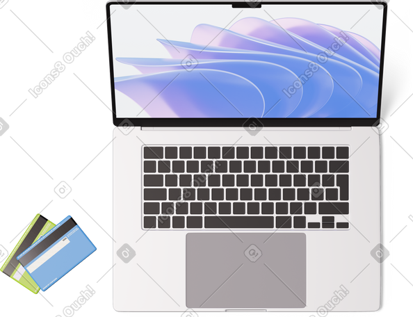 3D top view of laptop and two credit cards PNG, SVG