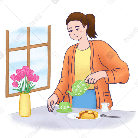 Mujer preparando el desayuno en la cocina. PNG, SVG