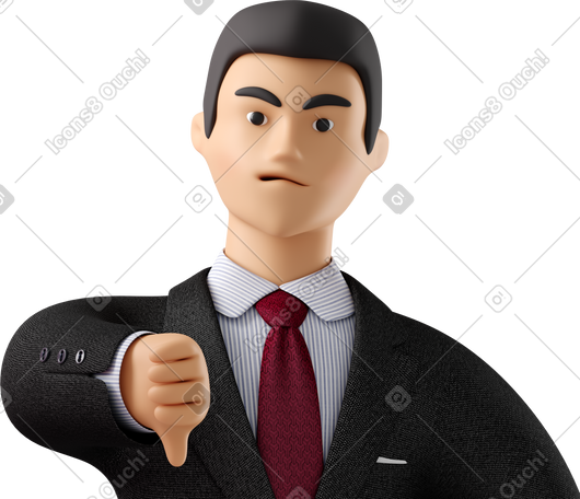 3D close up of angry businessman in black suit showing thumbs down PNG, SVG