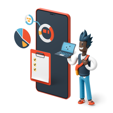 Man standing next to red phone with project statistics on screen PNG, SVG