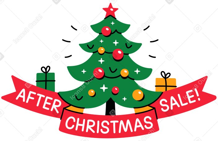 lettering after christmas sale! with christmas tree and gifts Illustration in PNG, SVG