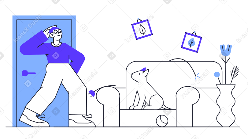 Man surprised at the dog that trashed the room PNG, SVG
