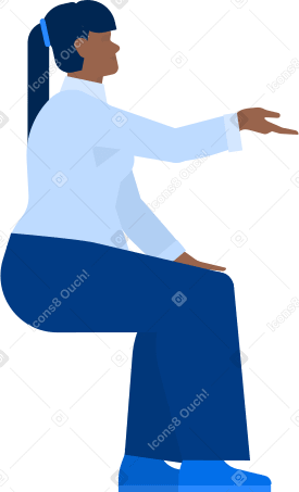 woman in a white shirt sits at a table and raises her hand palm up Illustration in PNG, SVG