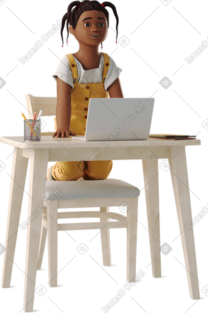 3D little girl at a table with laptop PNG, SVG