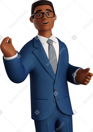 3D black smiling businessman in blue suit PNG, SVG