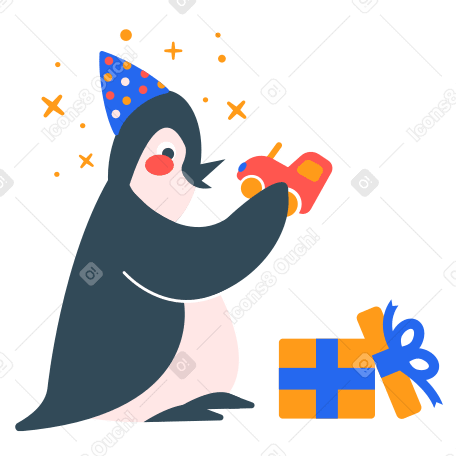Счастливый пингвин открывает подарок на день рождения в PNG, SVG