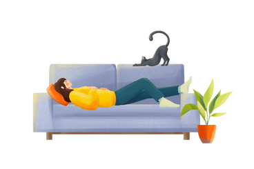 Jeune femme en pull jaune allongé sur un canapé avec un chat PNG, SVG
