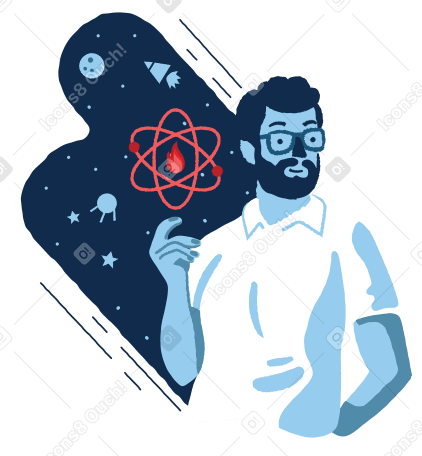 Scientist thinking about atom and space travel PNG, SVG