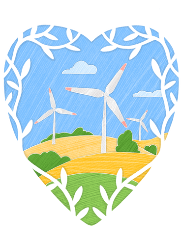 Yellow field with wind turbines framed in a heart-shaped plant frame as a concern for nature PNG, SVG
