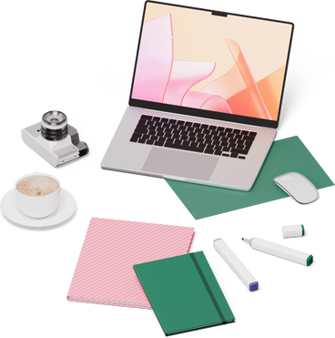 Изометрический вид ноутбука, папки, фотоаппарата, чашки кофе, блокнотов и маркеров в PNG, SVG