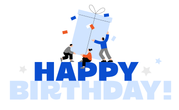 Schriftzug „happy birthday!“ mit leuten, die den text „geschenkbox“ halten PNG, SVG
