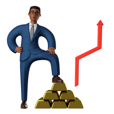 Businessman standing with one foot on a growing pile of gold bars PNG, SVG