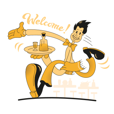 Waiter running with a tray and saying welcome PNG, SVG