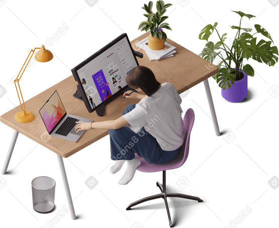 3D isometric view of young woman working on graphic tablet PNG, SVG