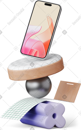 3D smartphone standing on abstract shapes PNG, SVG