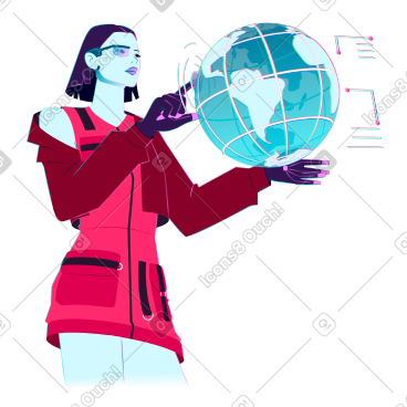 与虚拟地球互动的年轻女子 PNG, SVG