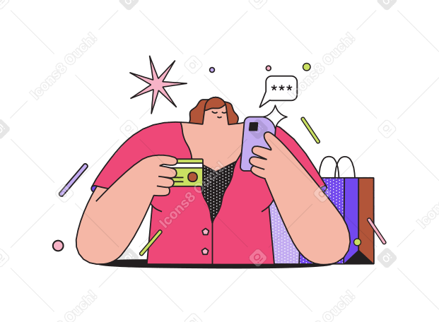 Woman holding card and phone Illustration in PNG, SVG