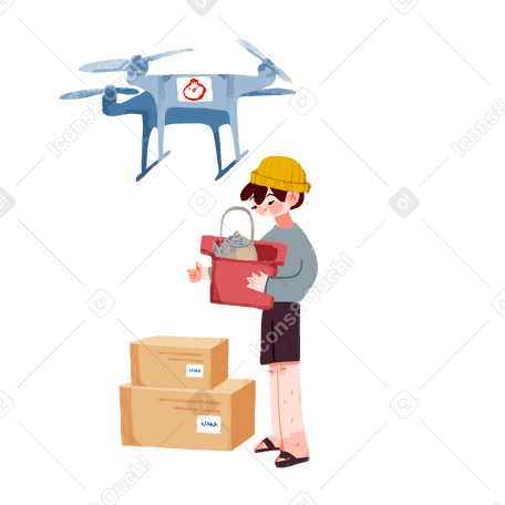 drone delivered packages to a boy Illustration in PNG, SVG