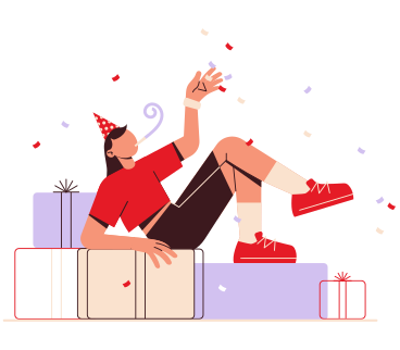 Ragazza con cappello da festa sdraiato su un mucchio di regali e corno da festa che soffia PNG, SVG