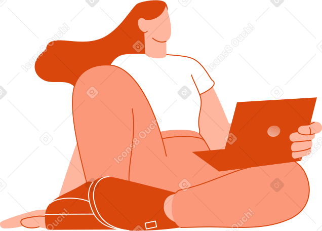 молодая женщина сидит с ноутбуком в PNG, SVG