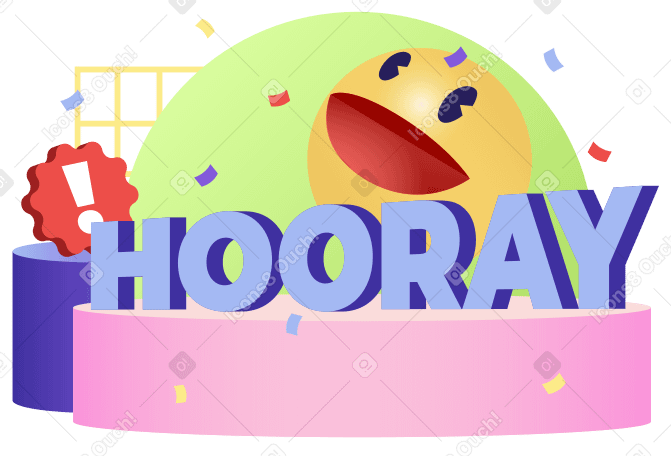 Lettering Hooray with exclamation mark sign and smile text PNG, SVG