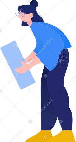 woman stands bent over and holds a building block in her hands Illustration in PNG, SVG