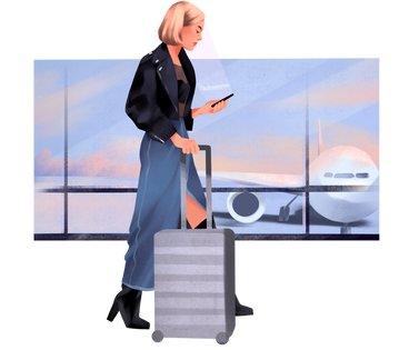 Femme avec une valise à l'aéroport PNG, SVG