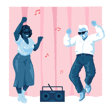 Elderly couple have a party with tape recorder PNG, SVG
