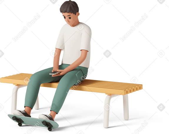 3D young man sitting on bench with phone in his hands and legs on skateboard PNG, SVG